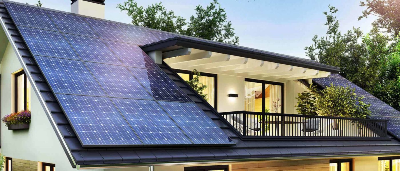 Rooftop solar panels on a family home